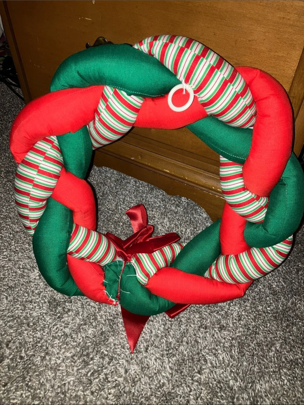 Handmade Holiday Braided Red & Green Wreath with Striped Accents 12”